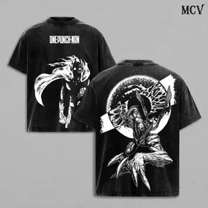 Vintage Washed Saitama x Garou One Punch Man Shirt - Heavyweight Cotton Oversized Anime Streetwear Tee - Hero vs Villain Flat Print Graphic, Acid Wash Retro Mens Top - Perfect Father's Day Gift (195 characters