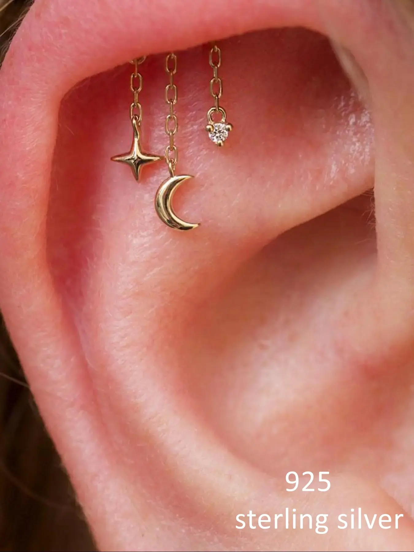 925 Sterling Silver Star Moon Zircon Stud Earrings, Tassel Ear Cuffs, Casual Jewelry for Women, All Seasons Wear