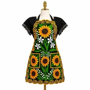 Handmade Mexican Embroidered Floral Apron - Adjustable Strap, Washable, Comfortable Kitchen Apron with Pockets, Sunflower & Red Rose Designs, Fits S-2XL, Perfect Gift