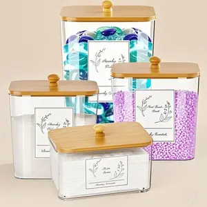 Square Plastic Laundry Storage Jars with Lids - 4 Pack Organization Containers for Detergent & Dryer Sheets - Includes Scoops & Labels - Reusable Multi-Purpose Room Organizer - Stackable Durable Storage Solution Bottles Set Dispenser Hand