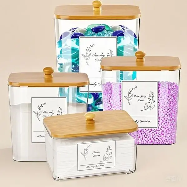 4-Pack Wide Mouth Square Plastic Laundry Storage Jar Set with Lids - Includes Scoops, 16 Pre-Made Waterproof Labels, 1 Dryer Sheet Container; Reusable Stackable Durable Home Organizer Dispensers for Detergent