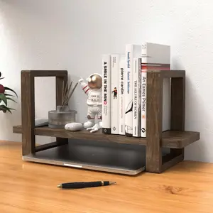 Small Bookend-Type Desktop Bookshelf Rustic Handmade Vintage Adjustable Reversible Organizer Solid Carbonized Paulownia Wood Desk Shelf for Home Class Dorm