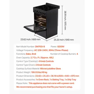 VEVOR 24 in Electric Range Oven, 2.7 Cu. Ft. Capacity Compact Freestanding Oven, Stainless Steel Kitchen Stove with 4 Burners, Easy Reach Rack, Storage Drawer, Drip Pan, Indicator Light(No Power Cord)