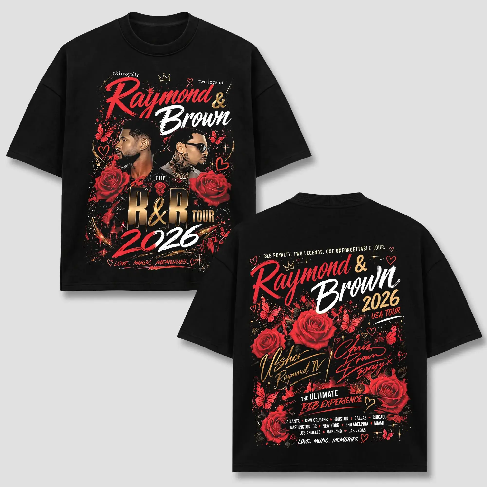 Brown Raymond T-Shirt, "Breezy" Raymond & Brown Tee, The R&B Tour 2026 Wear, Red Roses Graphic Top, Two Legends One Unforgettable Tour Apparel, Vintage Acid Washed Merch, Team Breezy Hip Hop Concert Gear, United States Unisex Oversized Black Clothing