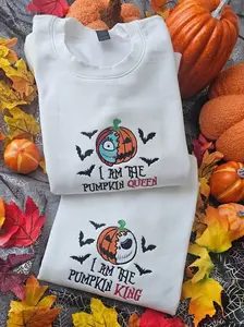 Embroidered Pumpkin Queen & King Hoodies, Halloween Couples Matching Sweatshirts, Jack and Sally Inspired Fall Hoodie, Spooky Autumn Pumpkin Couple Shirt