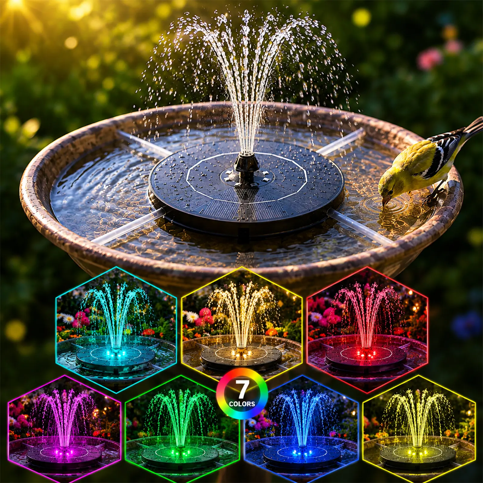 Solar Water Fountain, 2026 Upgrade 3.5W Solar Bird Bath Fountain Pump with Color LED Lights, 7 Nozzles & 4 Fixed Rods for Garden, Patio, Pond, Pool, Fish Tank, Outdoor Water Feature