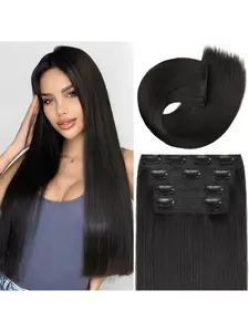 Clip in Synthetic Hair Extensions Long straight 4PCS Thick Hairpieces Nature Black Fiber Double Weft Natural Hair Extensions 20 Inch for Women