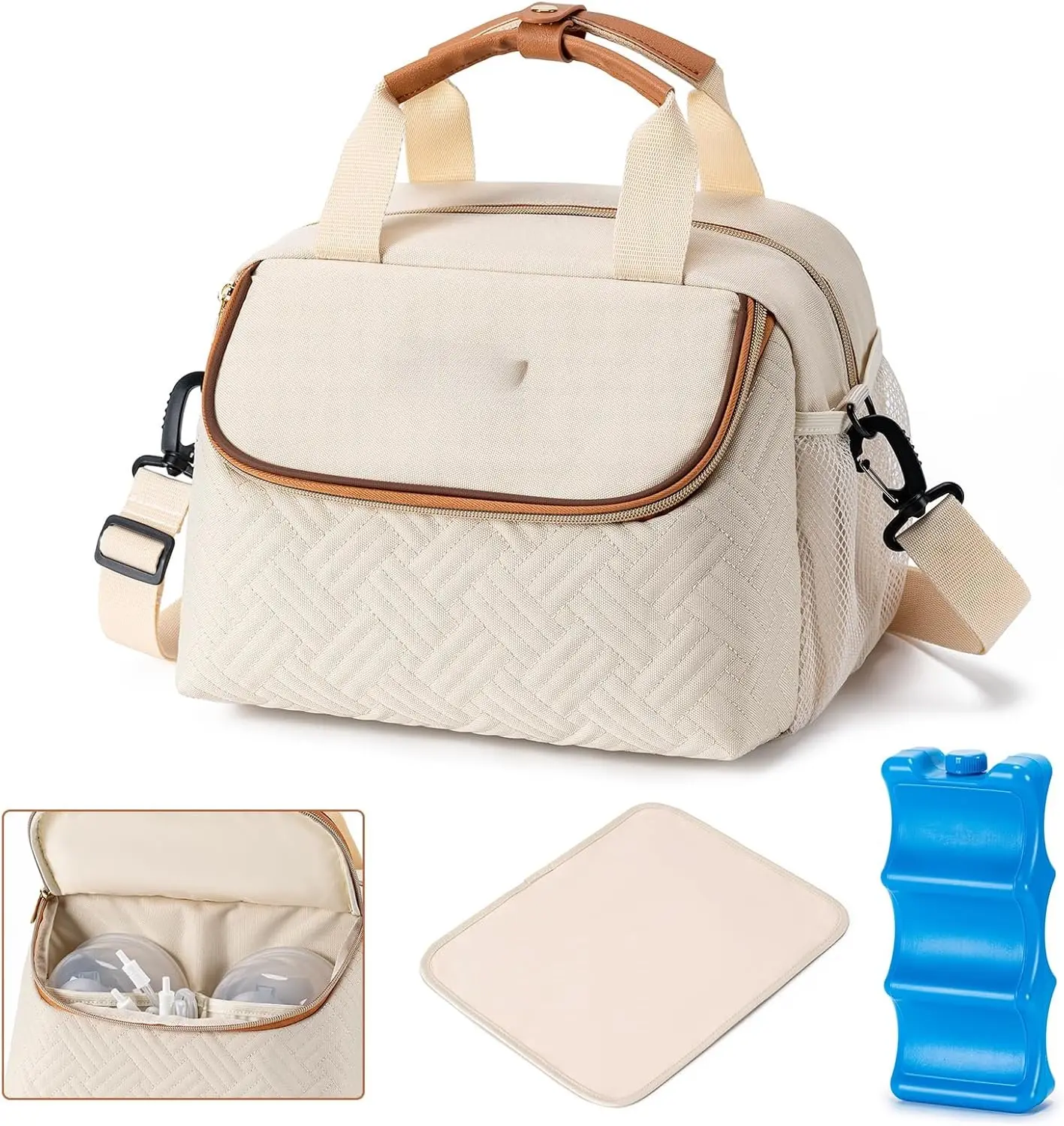 Breastmilk Cooler Bag with Ice Pack Fits 6  Bottles up to 9 Ounce, Wearable  Cooler Bag for  Mom , Work, Travel- Cream