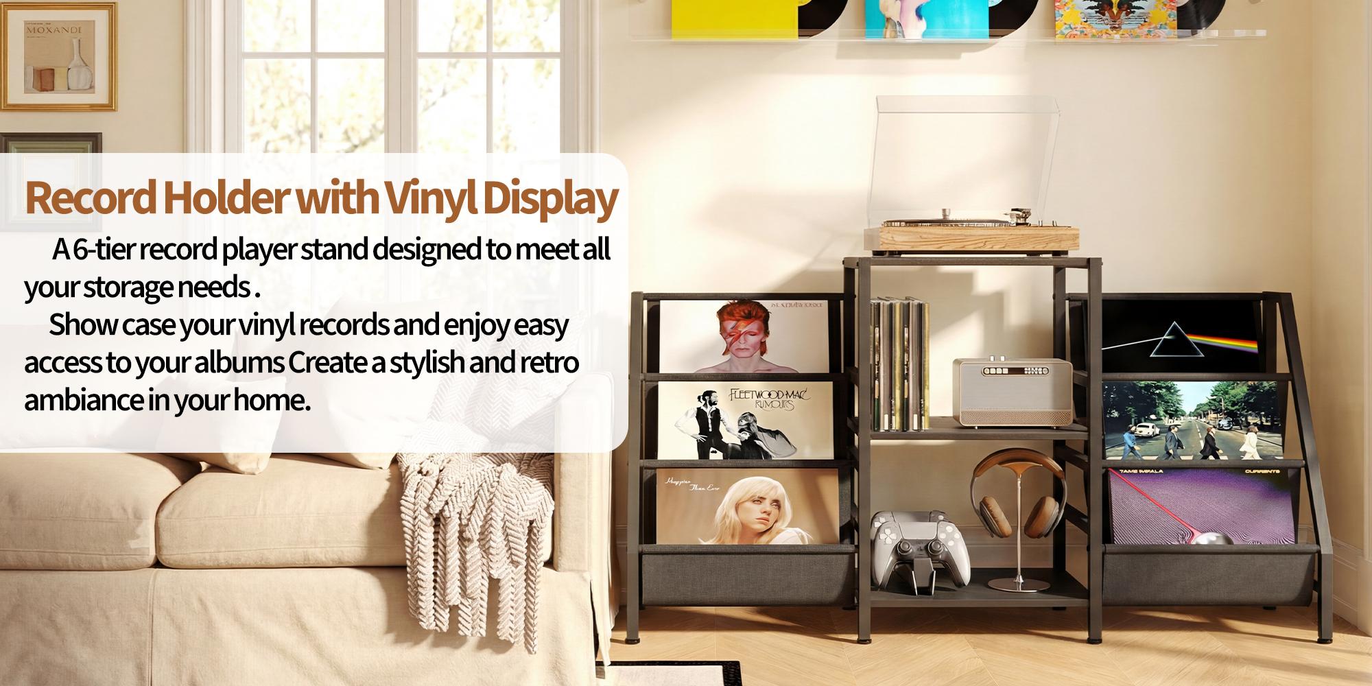 6 Tier Vinyl Record Storage Stand ，Holds 200+ Records & Enlarged Turntable Top，Vertical Space Saving Display Unit For Living Room