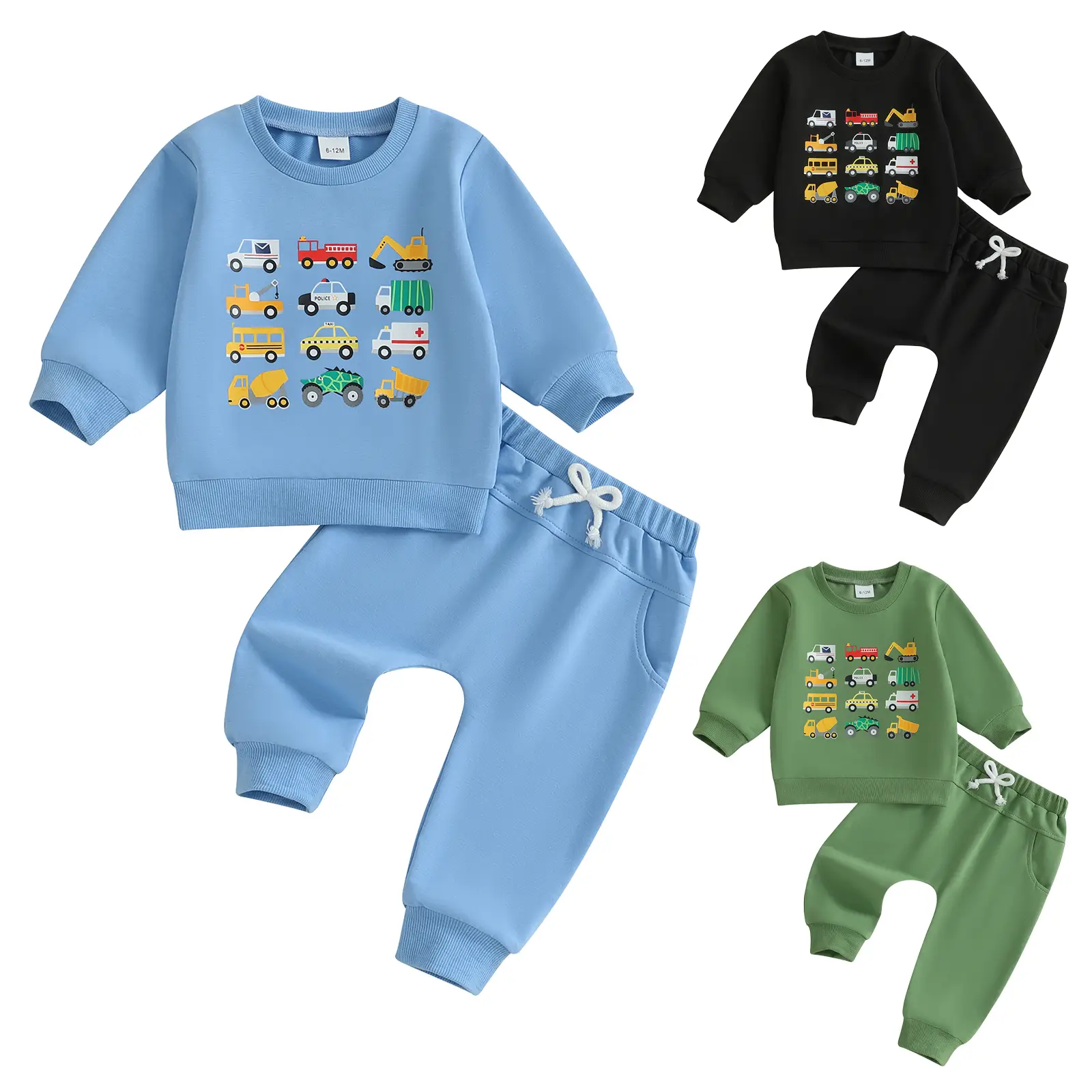 REDWOON Baby Boy Fall Winter Clothes Toddler Kids Solid Outfits Vehicle Long Sleeve Sweatshirt Tops + Joggers Pants Set