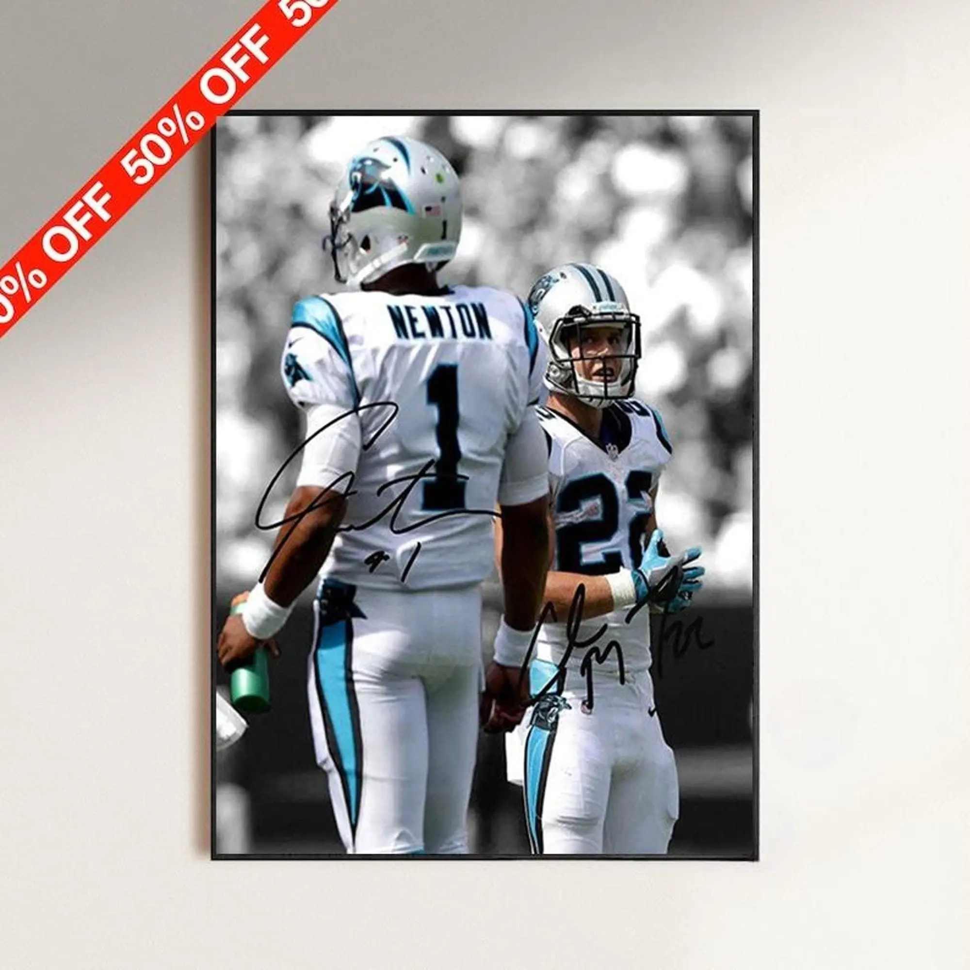 Cam Newton Christian McCaffrey Signed Photo Carolina Panthers Autographed Football Poster ( Unframed - Print Only )