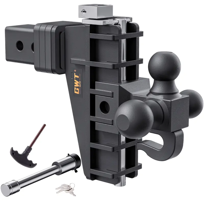 Adjustable Trailer Hitch for 2.5" Receiver, Tri Ball (1-7/8", 2", 2-5/16"), 6" Drop Hitch with Hook, 18,500 lbs GTW Heavy Duty Tow Hitch
