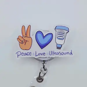 Peace Love Ultrasound Acrylic Retractable Badge ID Reel Belt or Alligator Clip Perfect for Ultrasound Techs