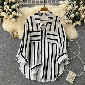 Vintage Black And White Stripe Short Sleeve Blouse Summer Lapel Neck