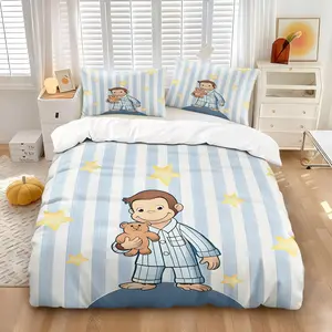 Curious Monkey Themed Print Duvet Cover Set,1 Count Duvet Cover & 1/2 Pillowcase without Filler,playful And Childlike Style,suitable For Family Bedrooms,Bedroom Ideas,soft And Comfortable,a Great Gift For Children And Teenagers,Bedding Set