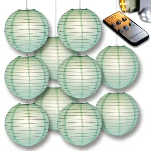 MoonBright Cool Mint Green Paper Lantern 10pc Party Pack with Remote Controlled LED Lights Included
