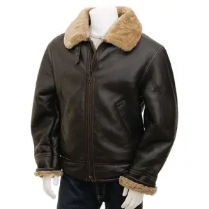 Men's Aviator Leather Jacket with Fur in Brown - Fitted Long Sleeve Shearling Style with Buckle Collar & Zip Closure, Medium Size, Genuine Leather, Polyester Lining, Two Pockets, Casual Winter Wear - Menswear