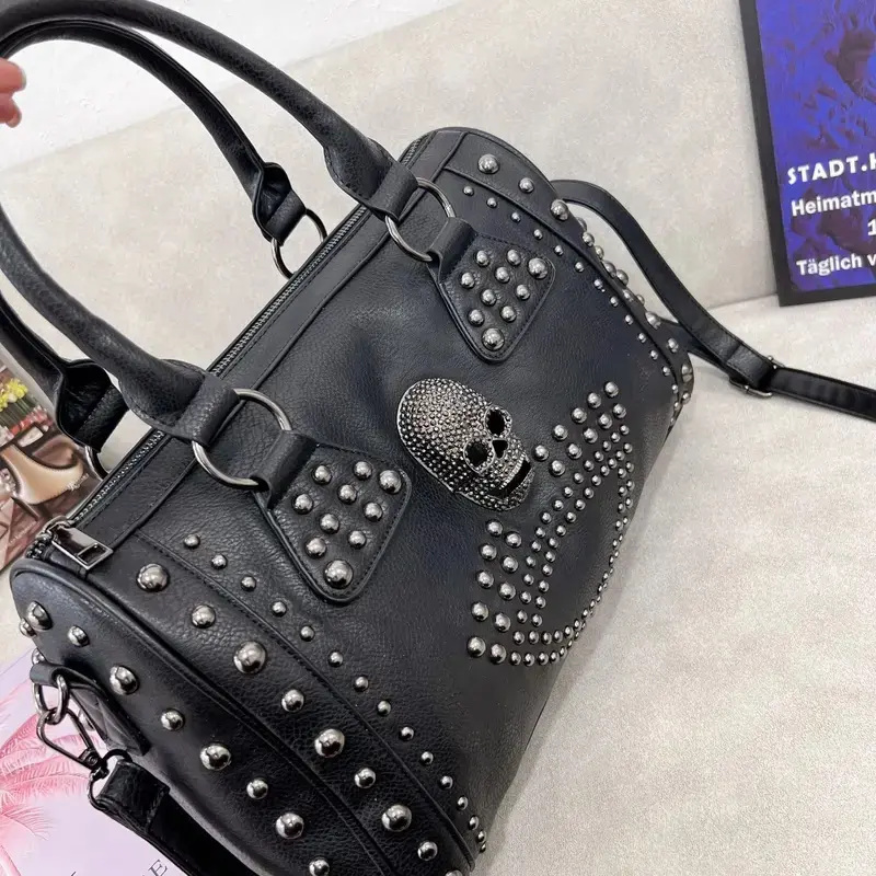 Women's Gothic Skull Studded PU Leather Black Handbag - Street Fashion Large Capacity Shoulder Satchel, Everyday Use Large Crossbody Bag with Metal Rivets