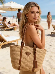 1pc Large Capacity Woven Straw Tote Bag | Braided Shoulder Strap | Leather Trim Beach Bag | Ideal for Summer Vacation & Daily Use