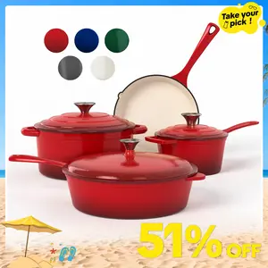 [Summer Vibes] Kitchen Academy Enamel Cast Iron 7 Piece Cookware Set, Dutch Oven Pot with Lid, Red Non Stick Pots and Pans set, Oven Safe up to 500°F