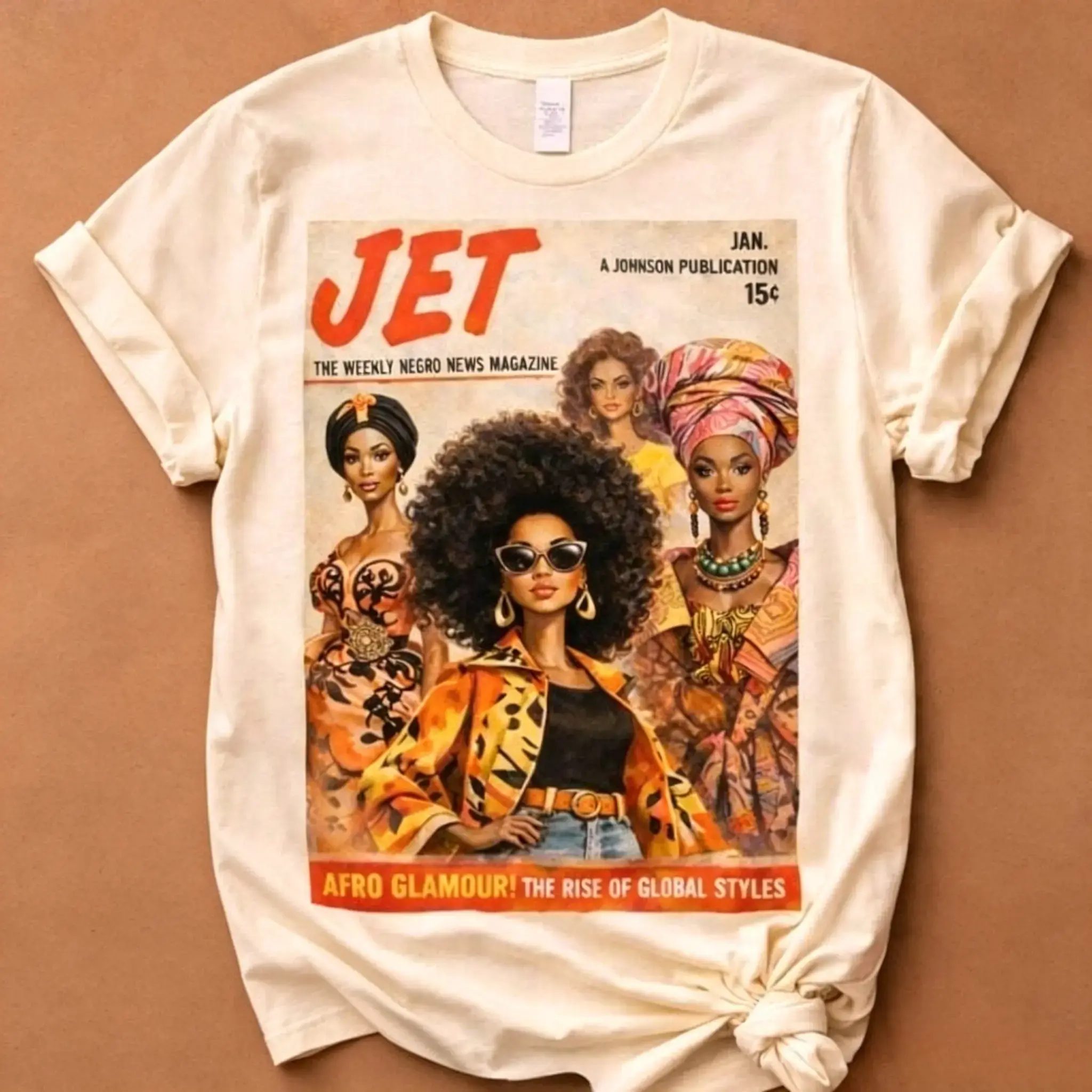 Women's Casual Short-Sleeve Cotton Fabric Fit Afrocentric Vintage Magazine Graphic T-Shirt - Glamour Fall Art Tee Gift C516