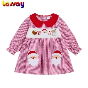 Toddler Baby Girls Plaid Dress Christmas Doll Collar Santa Embroidery Long Bubble Sleeve Dress