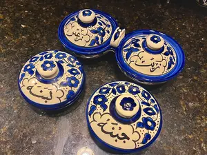 Palestinian Pottery Breakfast Set Blue Zeit & Zatar and Jibneh and Labaneh Bowl Ceramic Handmade and Hand Painted Made in Palestine