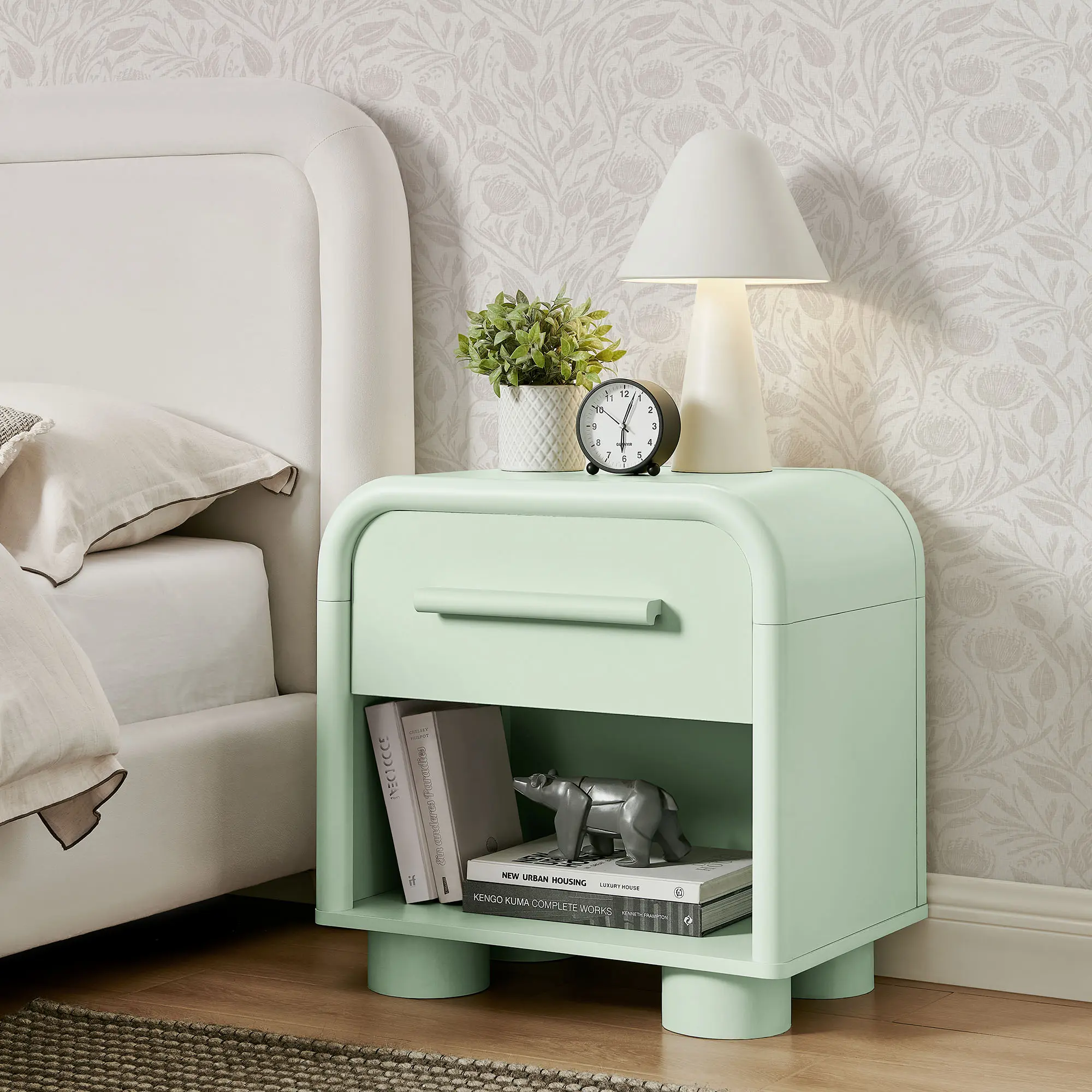 Bellamy Curved 1-Drawer Nightstand in Sage