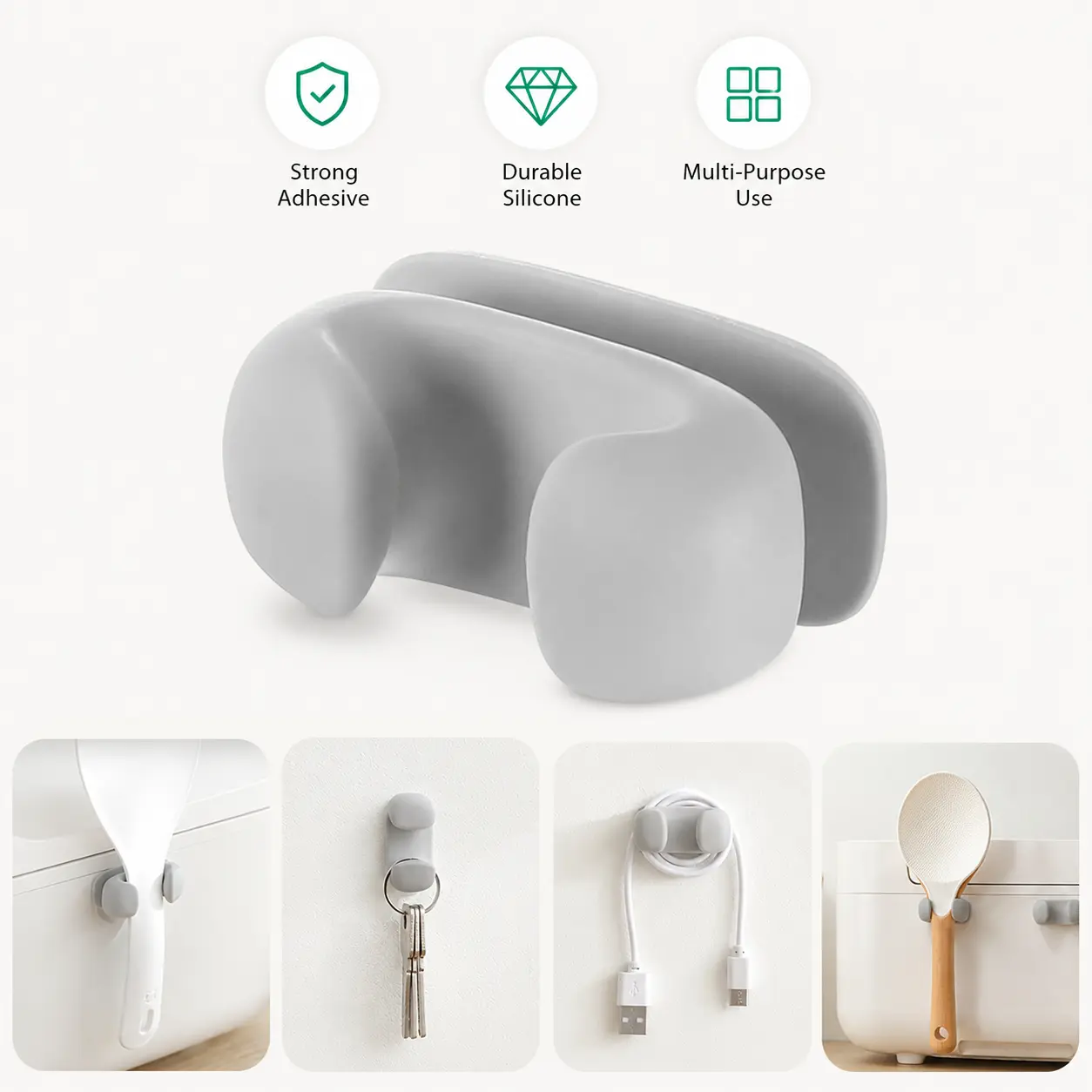 1 Count, Silicone Self-adhesive Hook, Multipurpose Wall Mount Organizer Holder for Spoons, Keys, Cables and Small Daily Household Items