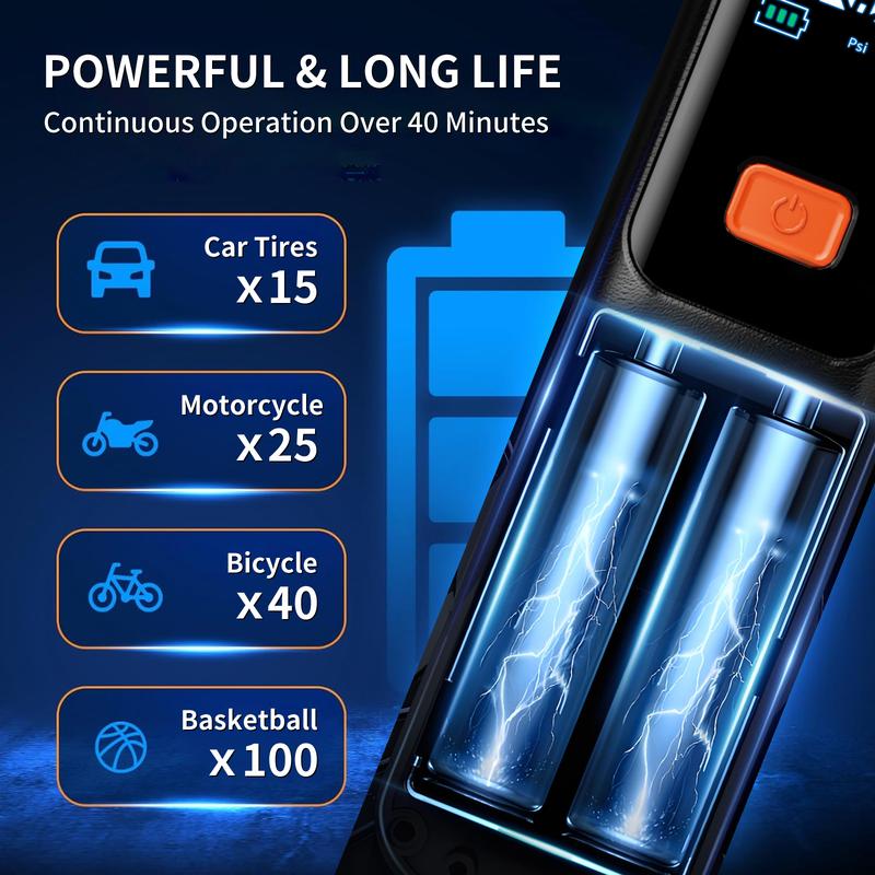 Kozzenwarm Electric Air Pump with Smart Pressure Control Portable Air Compressor One-Button Start Inflation Type-C Charging Port 4 Interchangeable Nozzles for Cars Motorcycles Bicycles Balls Compact Storage airpump