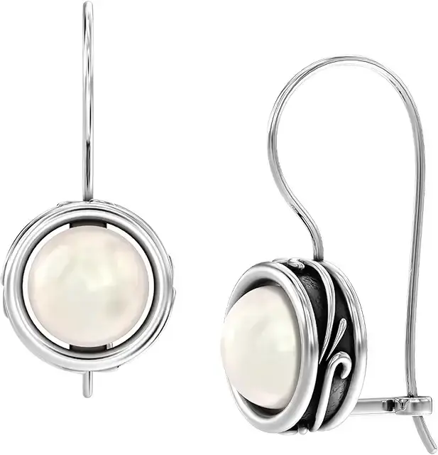 LeCalla Women's Elegant Antique Drop Earrings - 925 Sterling Silver Italian Design, 26MM Round Freshwater Cultured Pearl, Oxidised Fish Hook Female Jewelry for Wedding & Daily Wear