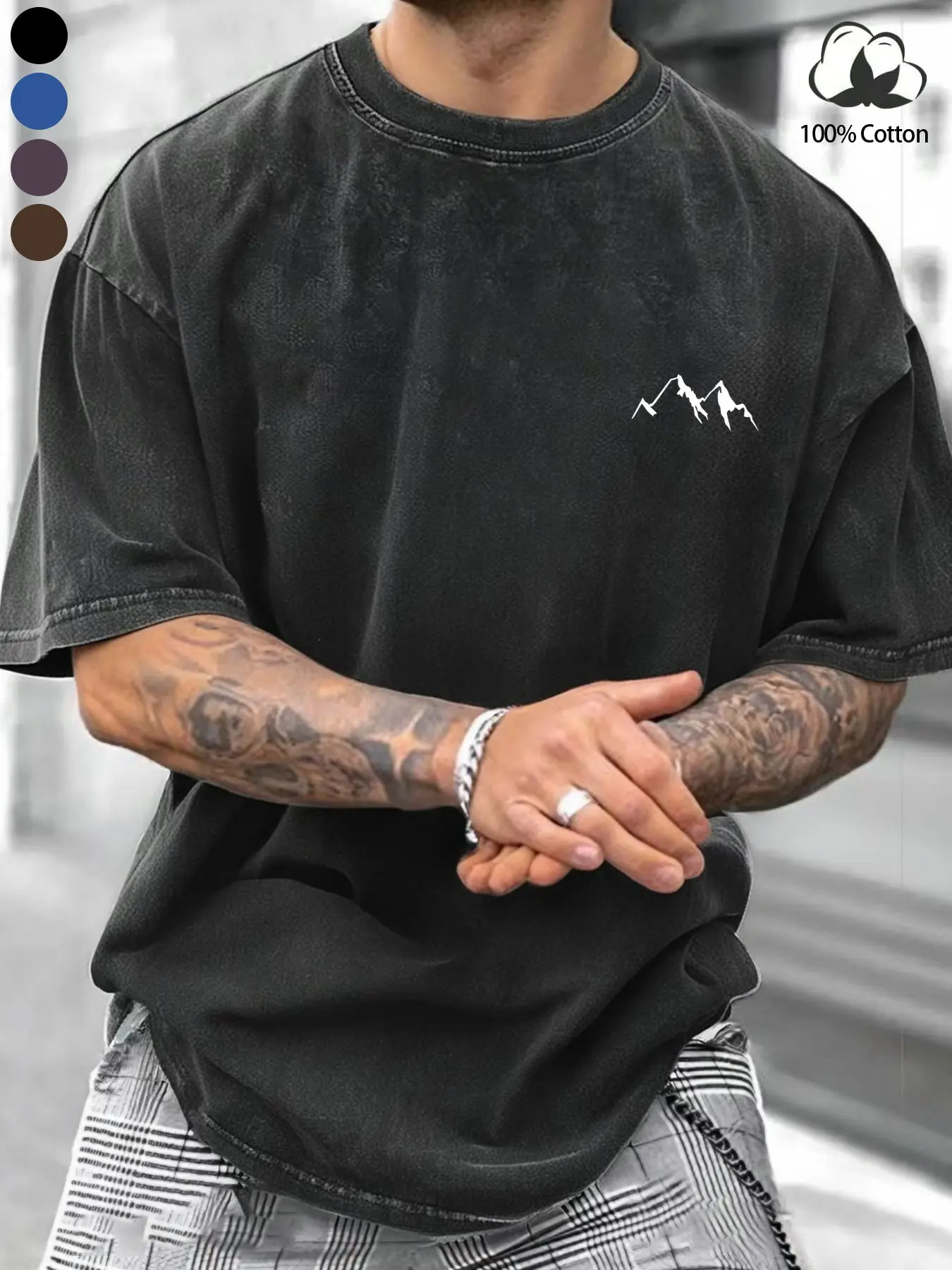 Men's Oversized Vintage Mountain Print T-Shirt, 100% Cotton Minimalist Casual Outdoor Short Sleeve, Summer Streetwear & Hiking Style, Menswear