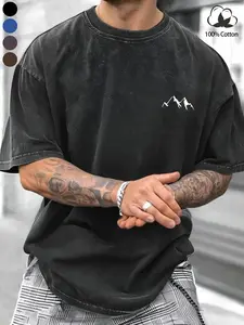 Men's Oversized Vintage Mountain Print T-Shirt, 100% Cotton Minimalist Casual Outdoor Short Sleeve, Summer Streetwear & Hiking Style, Menswear