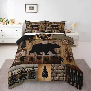 Farmhouse Bear Bedding Set Rustic Cabin Wooden Comforter Set for Kids Boys Girls Teens Room,Wild Animal Comforter Twin Size,Vintage Wooden Duvet Set 2Pcs