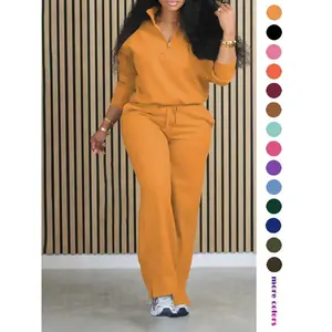 Women's Solid Half Placket Split Hem Pants Set, Casual Long Sleeve Top & Pocket Wide Leg Trousers for Summer, Ladies Clothes for Daily Wear, Womenswear