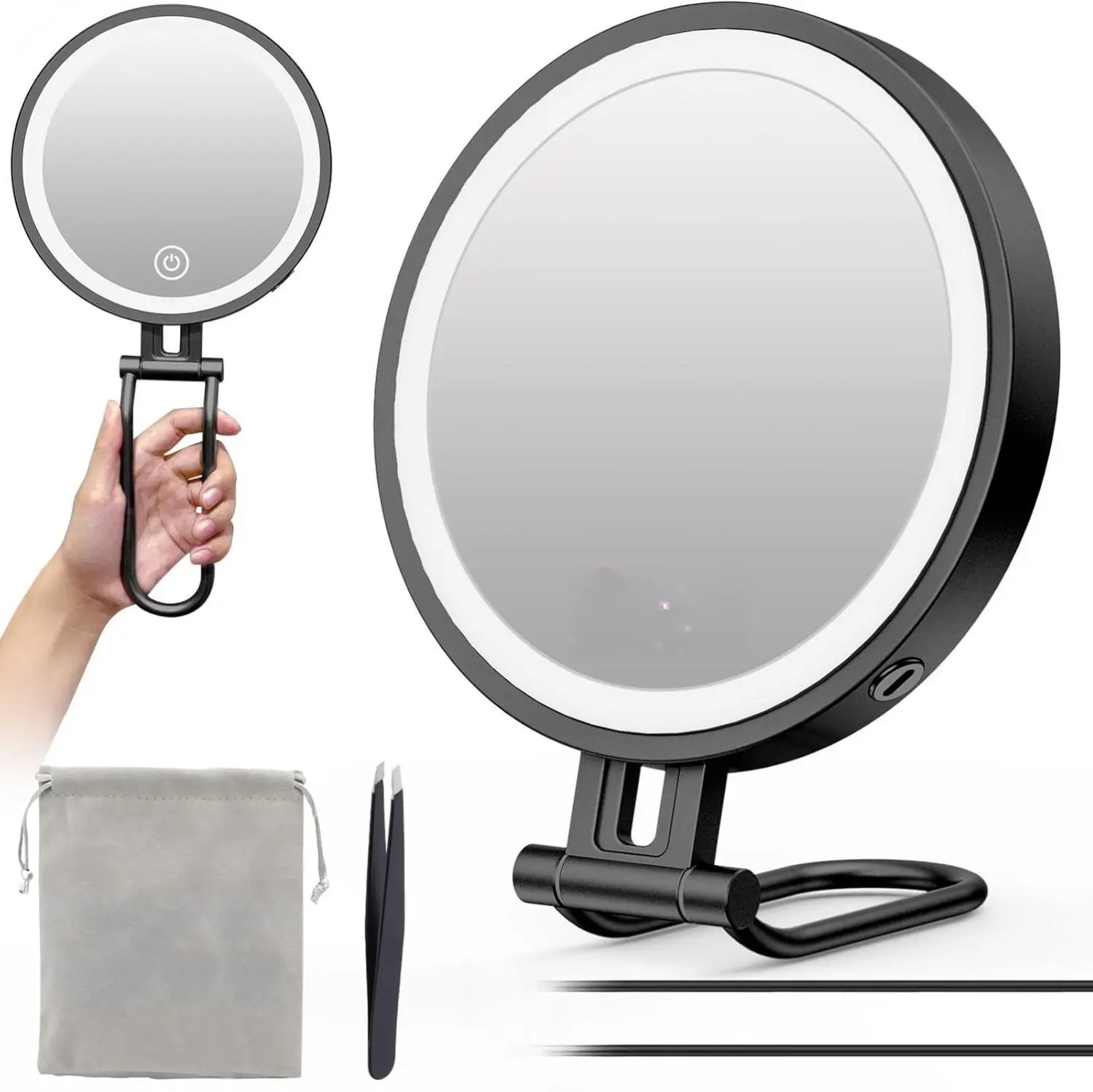 Travel Makeup Mirror with Lights,3000mAh Rechargeable 1X/20X Magnifying Mirror with Light, 7" Portable Lighted Beauty Mirror, Make Up Mirrors with 3 Light Colors, Dimmable Tabletop Handhold Hanging(B)