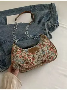 Women's Fashion Versatile Solid Color New Floral Print Shoulder Bag Casual Simple French Bag Small Square Bag Quilted Shoulder Bag