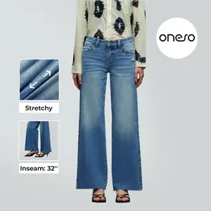 Ella ONESO On Target Stretchy Wide Leg Jeans Mid-low Waist Distressed Raw Hem Denim Pants BBL Baggy Vintage Casual Streetwear New Year's Gift