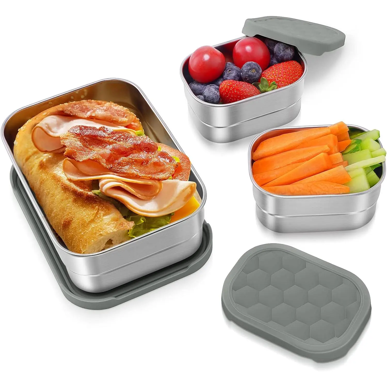3 CUP+1 CUP Stainless Steel Lunch Snack Containers Set | Leak Proof 304 Stainless Steel  Containers with  Lids -  Metal Lunch Box for School and  (25oz+8oz*2)