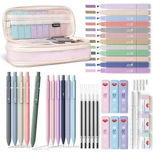 40PCS Aesthetic School Supplies with Cute Pen Case, 12 Color Pastel Highlighters, 5 Quick Dry Retractable Black Ink Pens, 6 Pastel Mechanical Pencil 0.5 & 0.7 mm for Student Stationary