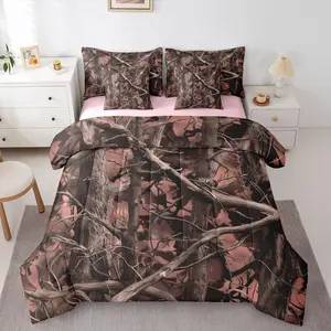 Camo Tree 7 Piece Bedding Set,Branch Comforter Set with Sheets Hunting Botanical Natural Woodland Bed in a Bag Camo Retro Wild Woods Print Red for Teens Men Women