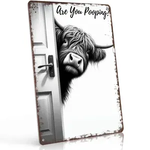 Are You Pooping? Highland Cow Bathroom Wall Decor 8x12 Inch Aluminum Metal Sign - Funny Restroom Art for Home, Guest Bathroom, Kids' Bathroom - Retro Tin Sign Gift for Cow Lovers