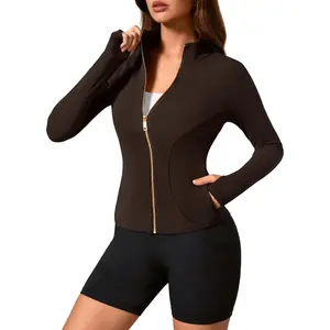 Full Zip Yoga Jacket for Women, BBL Effect Slim Fit Track Top with Metal Zipper, Workout Shirt with Waistline Pockets