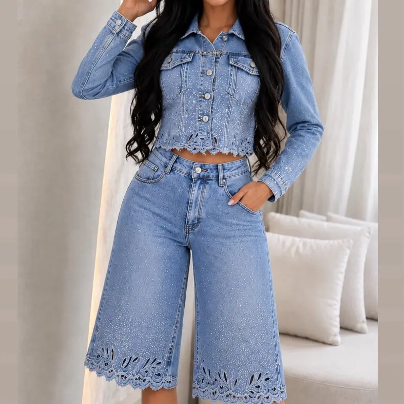 Luxury Embroidered Rhinestone Denim Set – Stretch torero