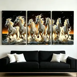 3-Piece Wooden Framed White Running Horses Canvas Wall Artwork, Modern Sunset Ocean Galloping Horses Print, Nature Home Decor for Living Room, Bedroom