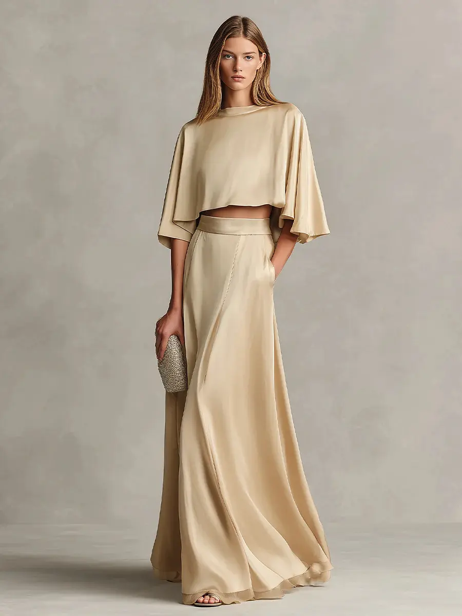 Women's European Look Shawl Dress - 5-Quarter Shawl Sleeve Satin Round Neck Full Length Formal Dress, Long Formal