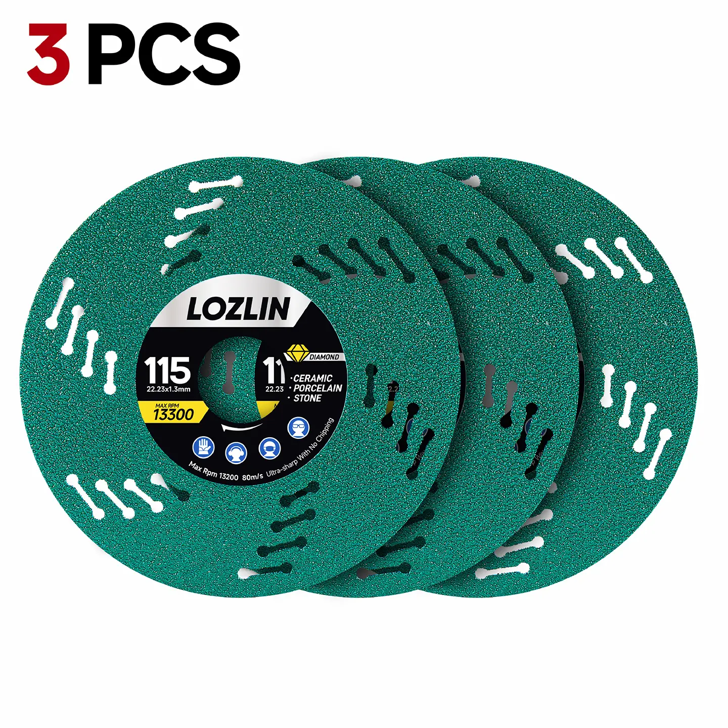LOZLIN 3PCS 4.5" Diamond Saw Blades for Angle Grinders, 1.3mm Ultra-Thin Double-Sided Tile Cutting and Grinding Discs, 7/8-Inch Arbor for Porcelain, Ceramic, Granite and Marble