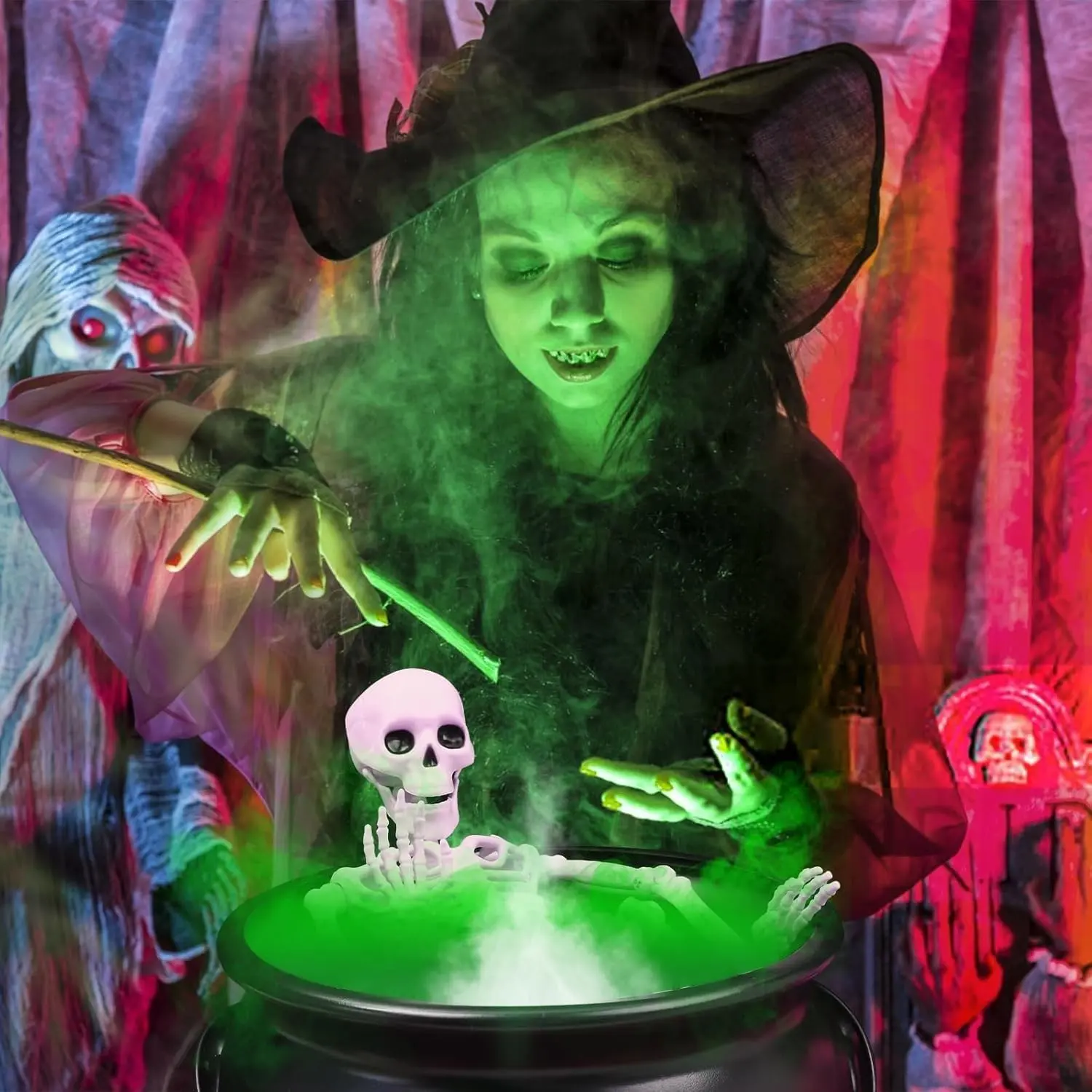 Halloween Outdoor Decorations, 12 Inch Large Witch Cauldron Diffuser, Skull Witch Cauldron Water Bottle, 12 LED Fogger, Indoor Outdoor Spooky Halloween Decor