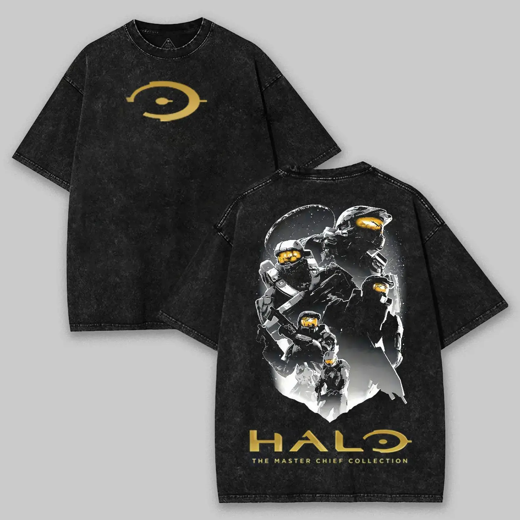 Acid Wash Vintage Unisex Tee Halo Master Chief Two Sided Print FPS Gamer Streetwear Washed Graphic T Shirt Heavy Cotton Comfortable Casual Daily Wear Trendy Gaming Apparel Retro Street Top Gift For Game Lovers Men Women Adults