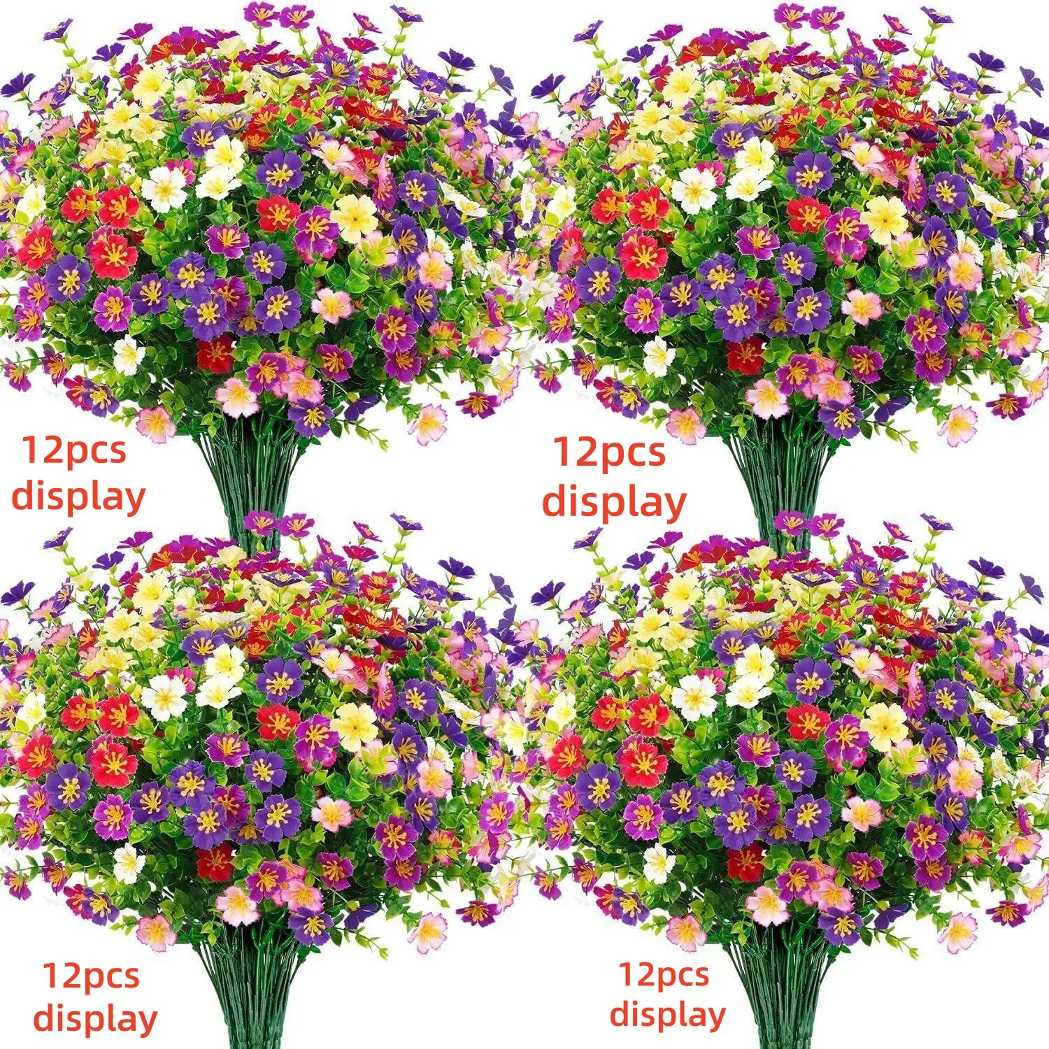 Realistic Artificial Eucalyptus & Pentagonal Flower Bushes, Plastic Faux Flowers, Fake Flowers, Artificial Flower Decorations, 12 Pack UV Protected Fade-Resistant, Outdoor Greenery, Low Maintenance